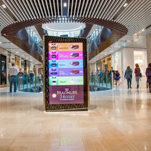 large digital sign stand in a busy mall