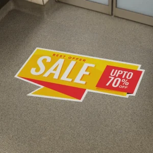 floor sign that says sale up to 70% off