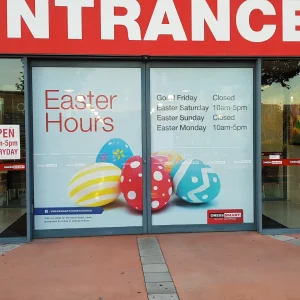 promotional window graphics that displays easter ours and graphics of easter eggs