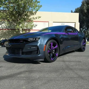 a sports coupe with purple strips and highlights