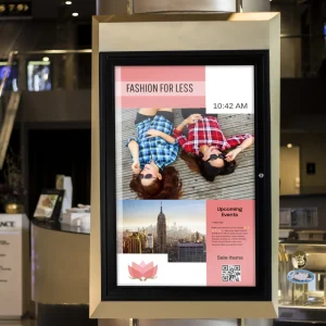 A vertical monitor that shows advertising.