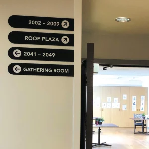 Black directional signs with white text.