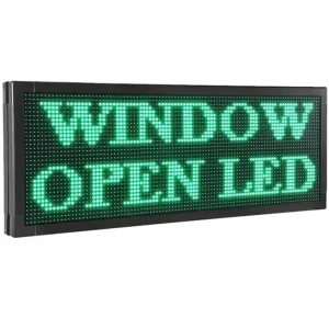A electronic LED sign with changeable text.