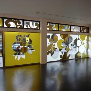 Window graphics taken from inside a business.